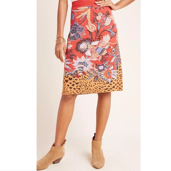 ANTHROPOLOGIE MAEVE Delphinia Knit Pencil Skirt Floral Leopard Red Medium - Picture 2 of 14